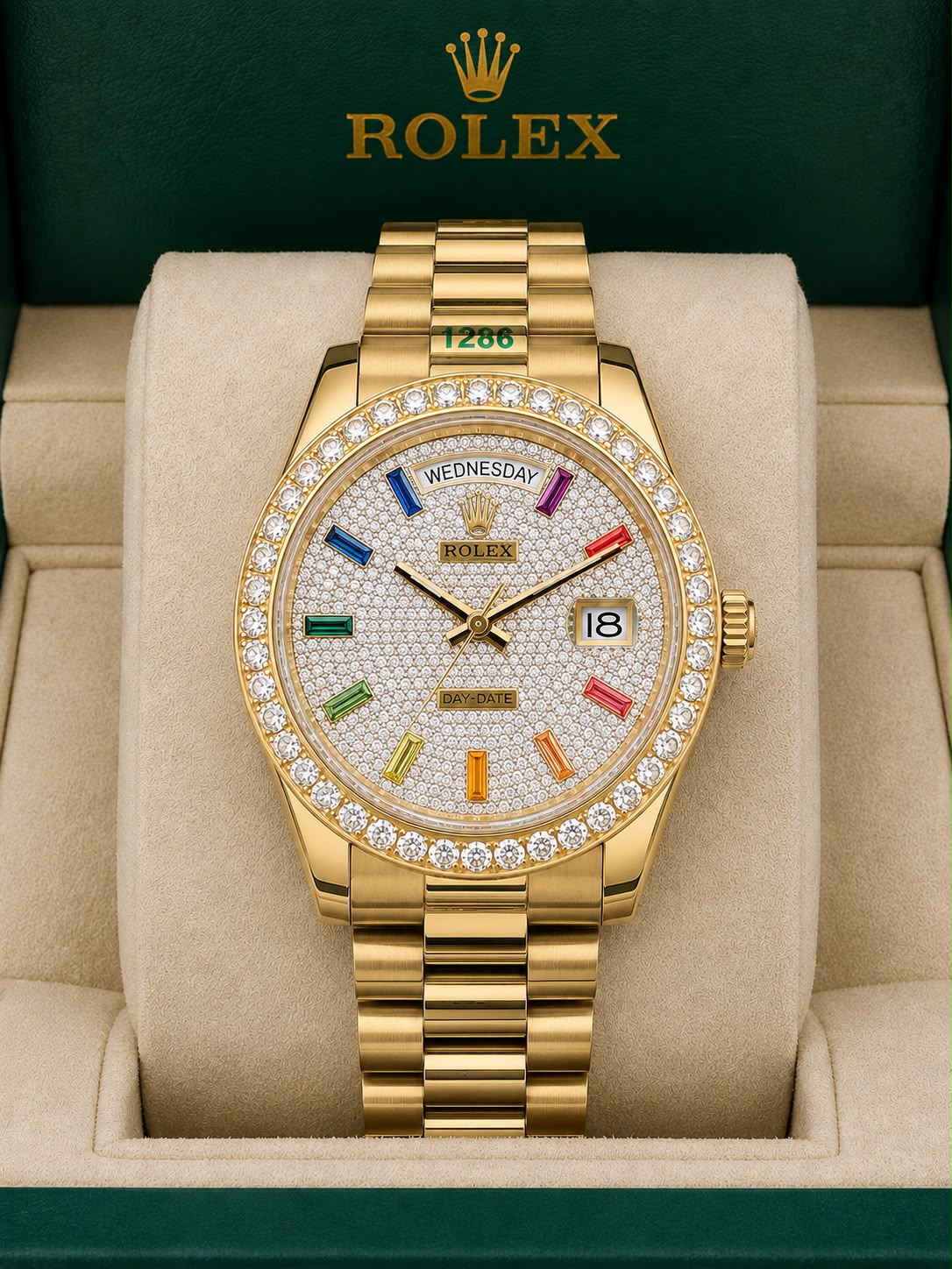 Rolex Day-Date 40 Oyster, Yellow Gold and Diamonds With OG Box