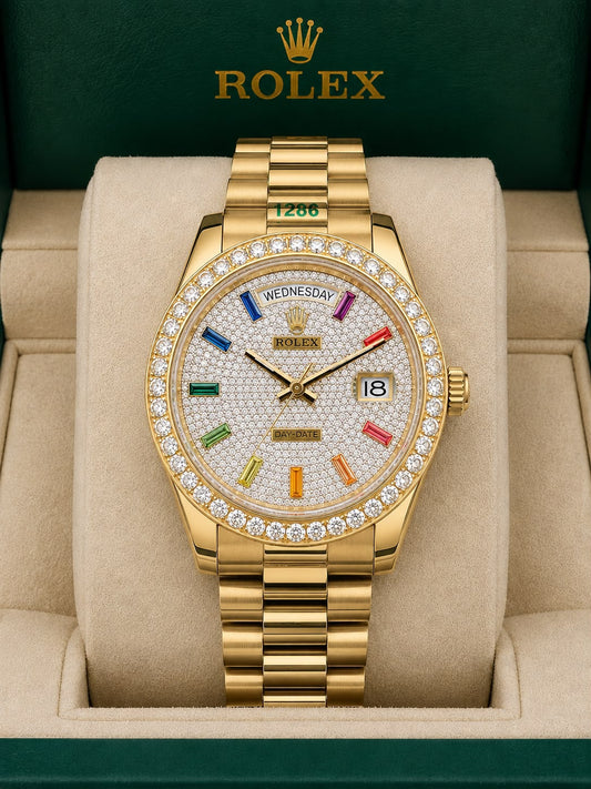 Rolex Day-Date 40 Oyster, Yellow Gold and Diamonds With OG Box